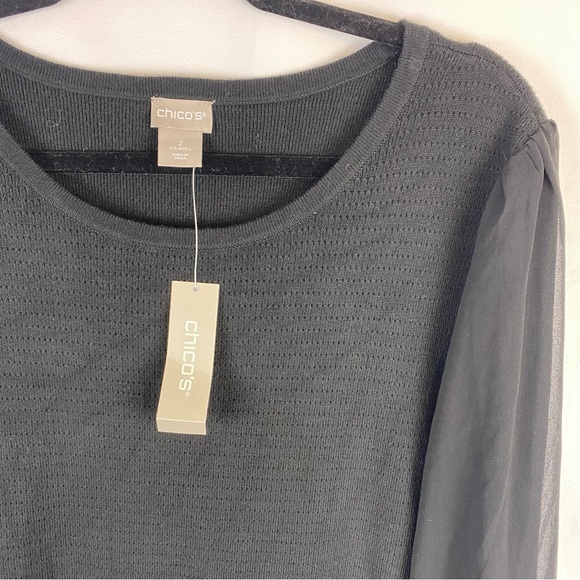 NWT Chico’s Sheer Romantic Sleeve Tie Knit Black Pullover Sweater Size 2/Large - Picture 3 of 9